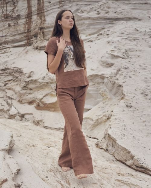 Amber spalvos universalios lininės kelnės