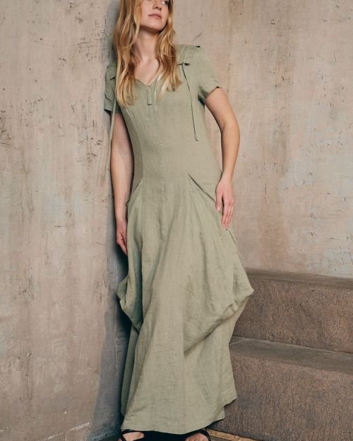 Įliemenuota ilga lininė suknelė in Dydis 36 and Spalva Sąmanų žalia