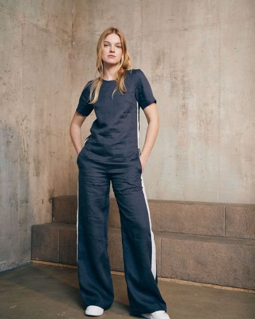 Midnight navy tiesaus silueto lininės kelnės