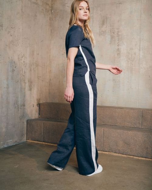 Midnight navy tiesaus silueto lininės kelnės