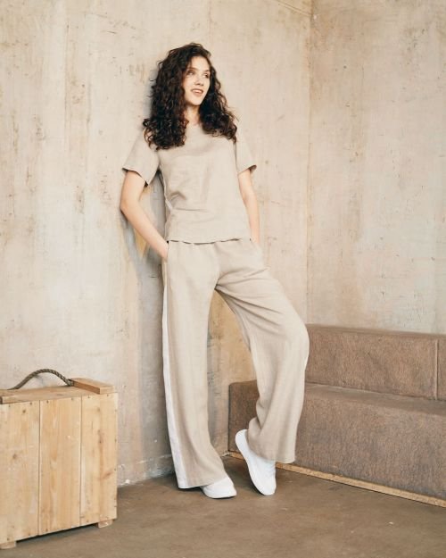 Tiesaus silueto lininės kelnės su juostele