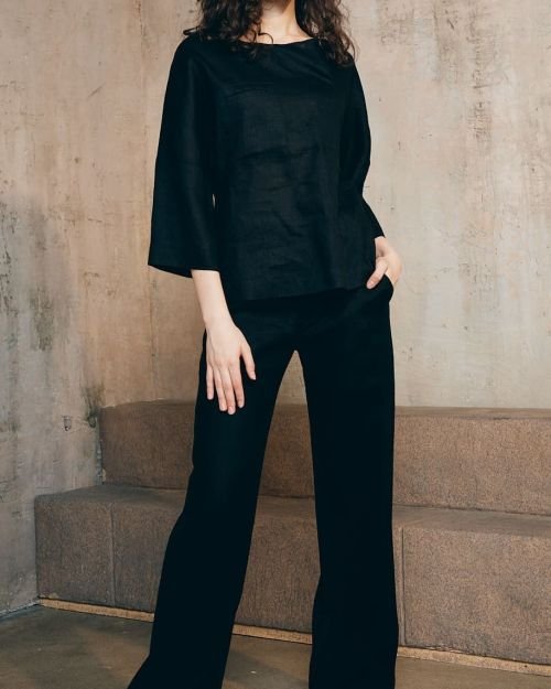 Juodos tiesaus silueto universalios lininės kelnės