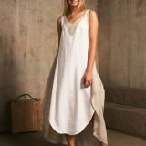 Dviejų spalvų surišama lininė suknelė