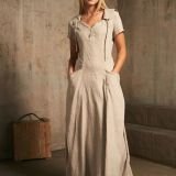 Chaki įliemenuota ilga lininė suknelė