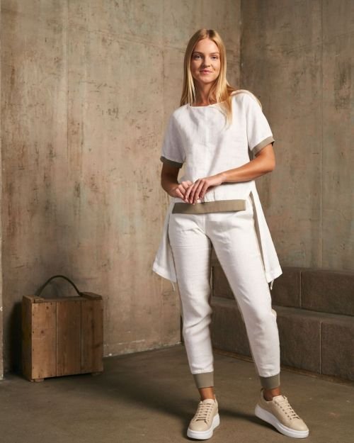 Baltos sportinės lininės kelnės