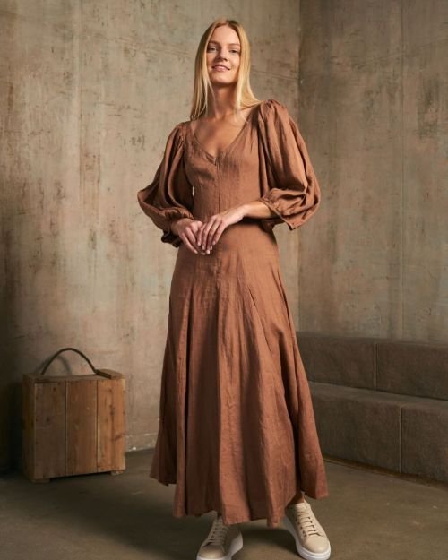 Amber Raw pūstų rankovių lininė suknelė