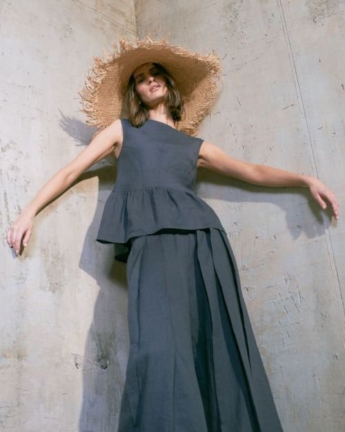 Midnight navy plačios lininės kelnės