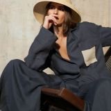 Midnight navy plačios lininės kelnės