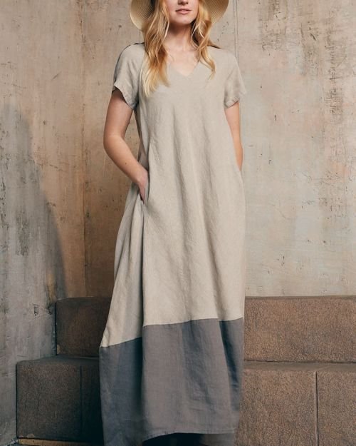 Dviejų spalvų ilgėjanti lininė suknelė