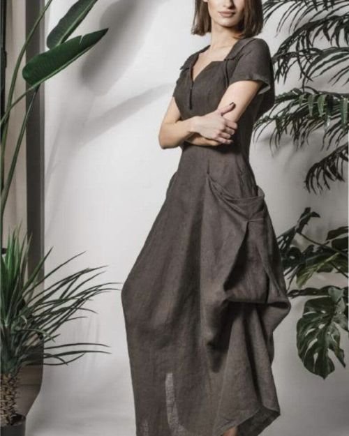 Chaki įliemenuota ilga lininė suknelė