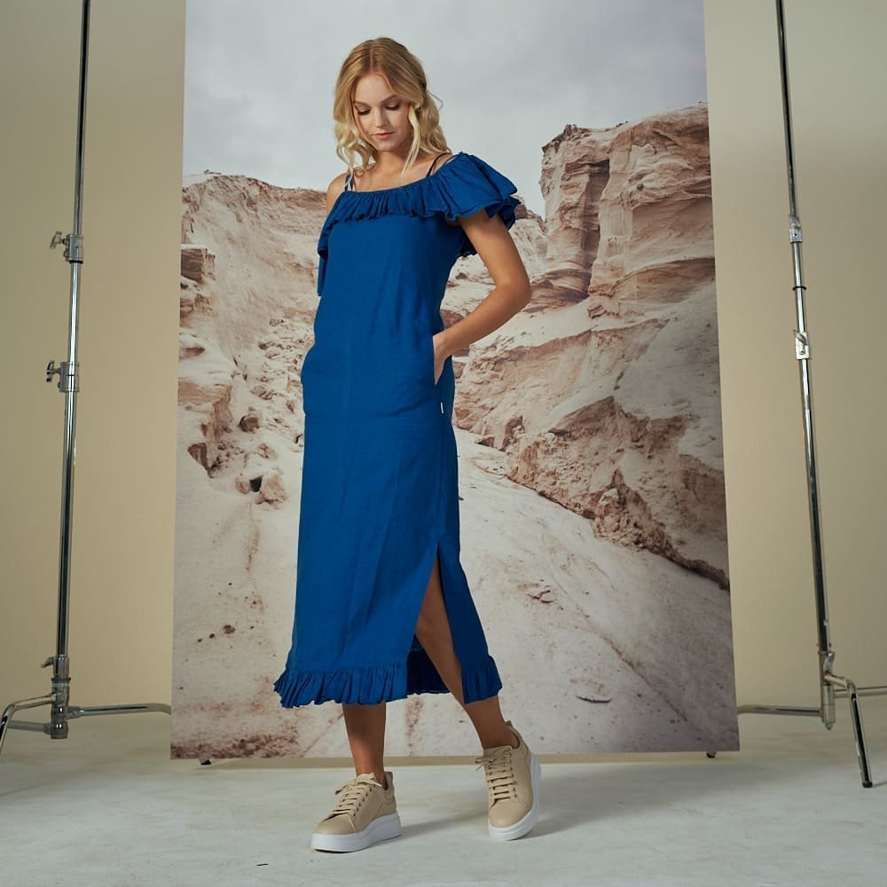 Princess blue lininė suknelė su raukiniais