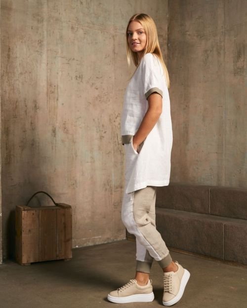 Dviejų kontrastinių spalvų lininės kelnės in Dydis 42 and Spalva Balta