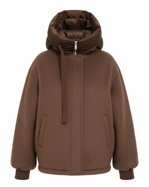 Šokolado spalvos asimetrinis trumpas paltas-striukė