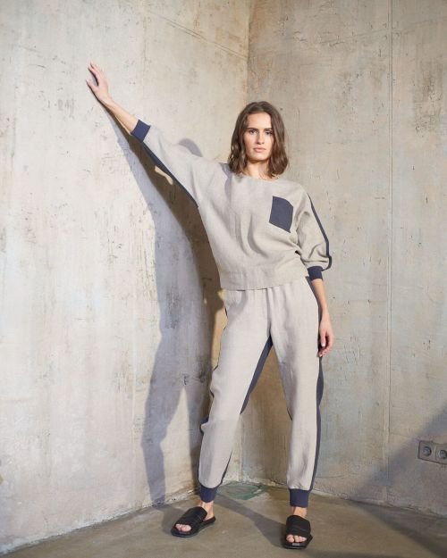 Midnight navy kontrastinių spalvų lininės kelnės