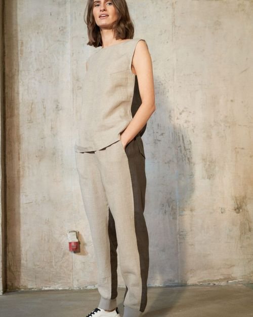 Chaki kontrastinių spalvų lininės kelnės