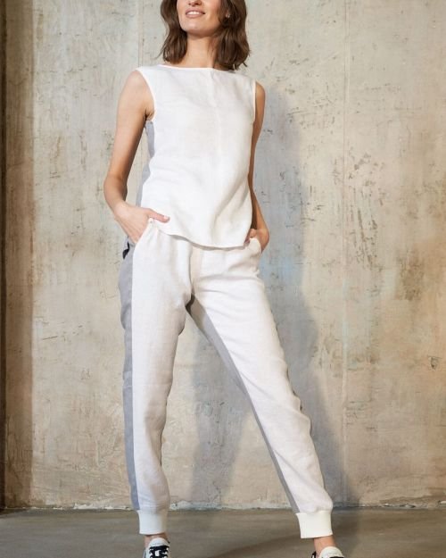 Pilkos kontrastinių spalvų lininės kelnės