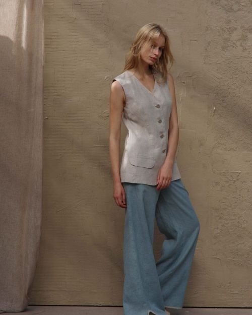 Plačios natūralaus lino Smoke blue spalvos kelnės