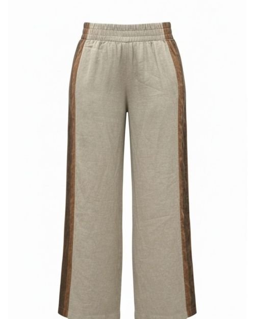 Natūralaus Lino Plačios Kelnės su Morel ir Amber Raw Juostomis