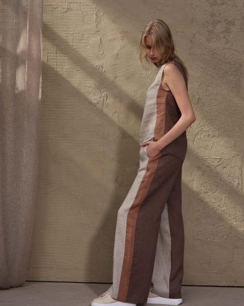 Trijų spalvų natūralaus lino kelnės