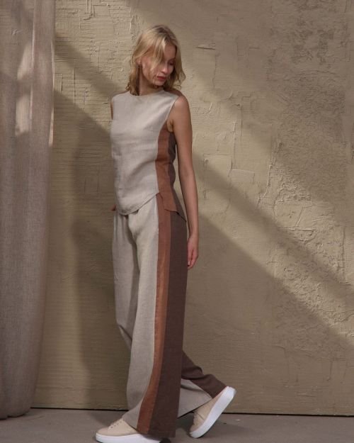 Trijų spalvų natūralaus lino kelnės