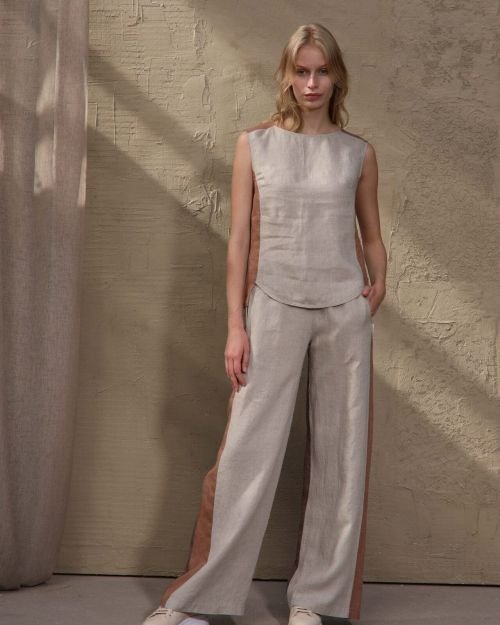 Trijų spalvų berankovė lininė palaidinė