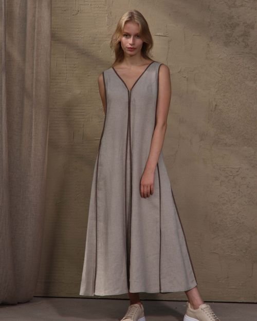 Elegantiška 100% Lino Ilga Suknelė su V Iškirpte